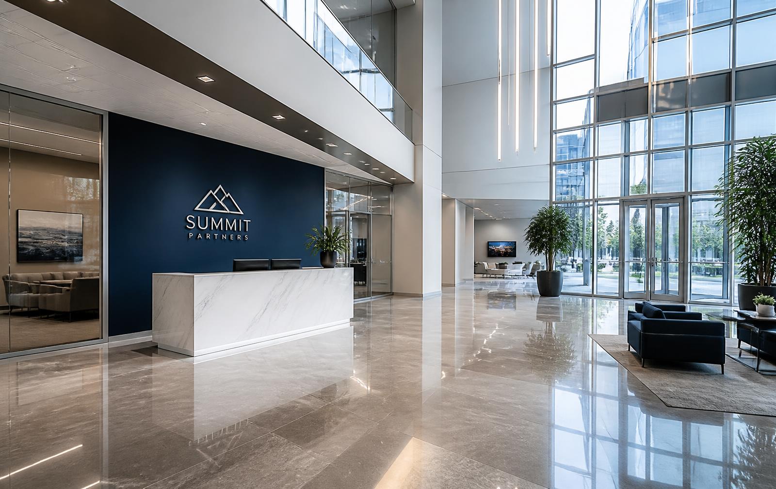Spotless modern corporate office lobby with polished floors